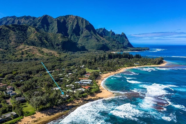 drone / aerial view featuring a water and mountain view