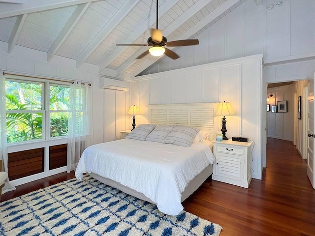 bedroom with wooden ceiling, a wall mounted air conditioner, dark hardwood / wood-style floors, and lofted ceiling with beams