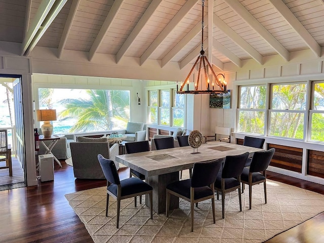 dining area featuring an inviting chandelier, plenty of natural light, dark hardwood / wood-style flooring, and lofted ceiling with beams