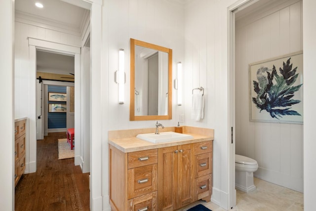 bathroom with vanity, wood-type flooring, and toilet