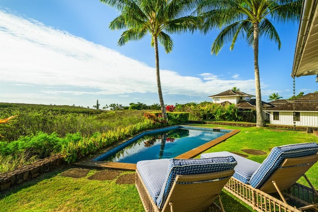 view of swimming pool featuring a lawn