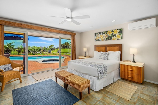 bedroom with ceiling fan, access to outside, and a wall mounted air conditioner