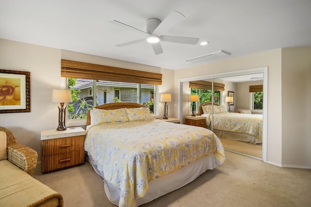 bedroom featuring a closet, carpet floors, and ceiling fan