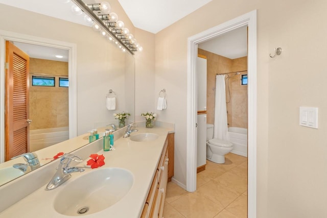 full bathroom with toilet, vanity, shower / bath combo, and tile patterned flooring