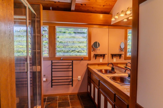 bathroom with vanity, wooden ceiling, and lofted ceiling