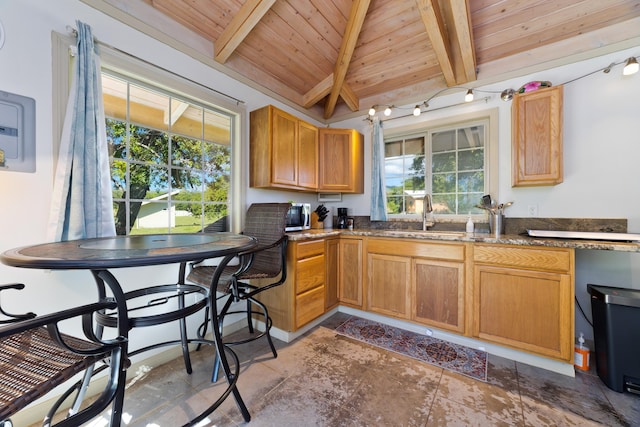 kitchen featuring sink, lofted ceiling with beams, and wood ceiling