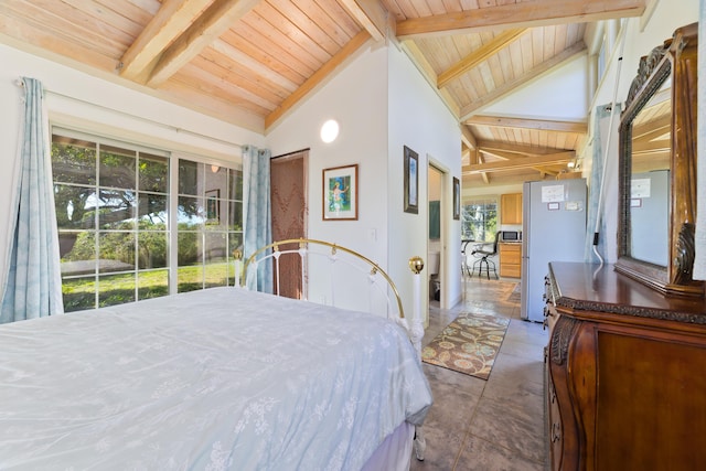 bedroom featuring wooden ceiling, multiple windows, and beamed ceiling