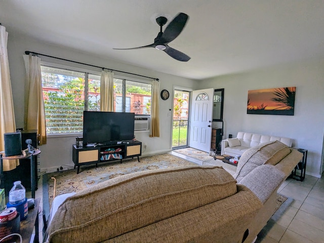 tiled living room with cooling unit and ceiling fan