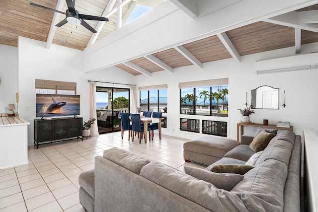 tiled living room featuring wood ceiling, a wall unit AC, and beamed ceiling