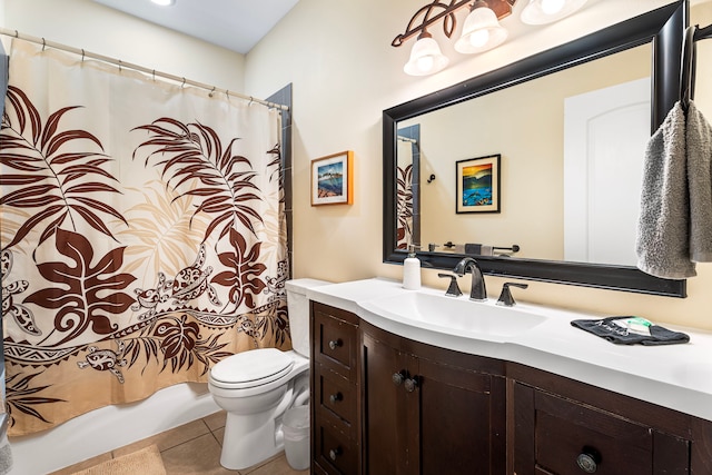 full bathroom featuring vanity, shower / bath combo, tile patterned floors, and toilet