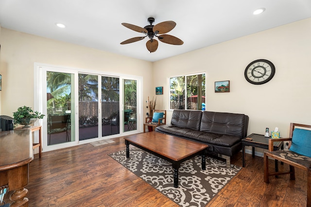 living room with ceiling fan and dark hardwood / wood-style flooring