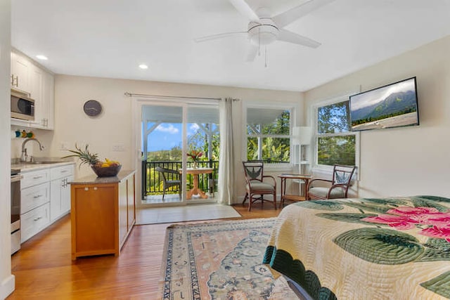 bedroom with sink, multiple windows, ceiling fan, and access to outside