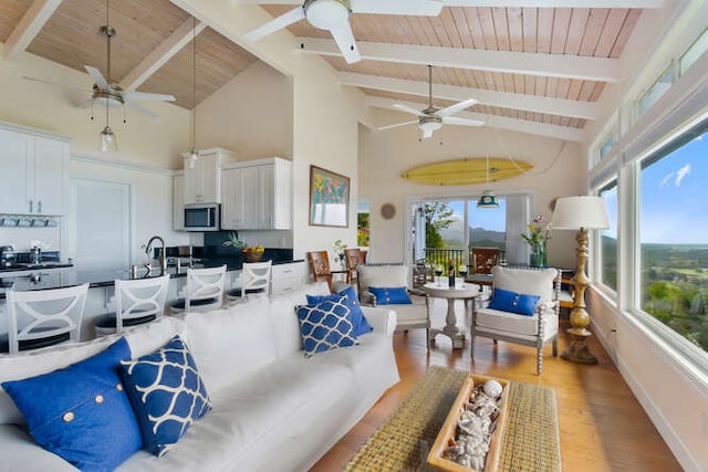 living room featuring light hardwood / wood-style flooring, ceiling fan, wood ceiling, high vaulted ceiling, and beamed ceiling