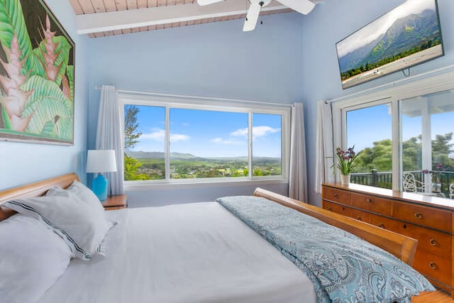 bedroom featuring ceiling fan, wooden ceiling, and lofted ceiling with beams