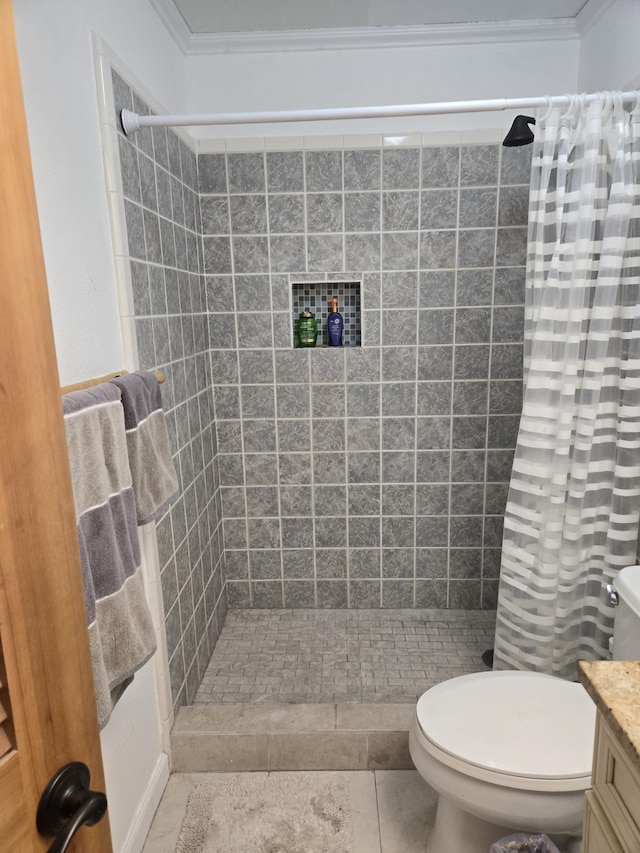 bathroom with toilet, vanity, a shower with curtain, and tile patterned flooring