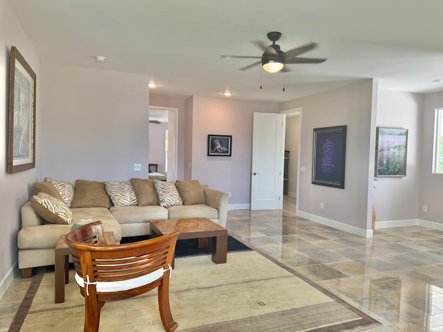 living room with ceiling fan