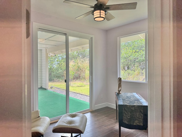 doorway to outside with hardwood / wood-style flooring and ceiling fan