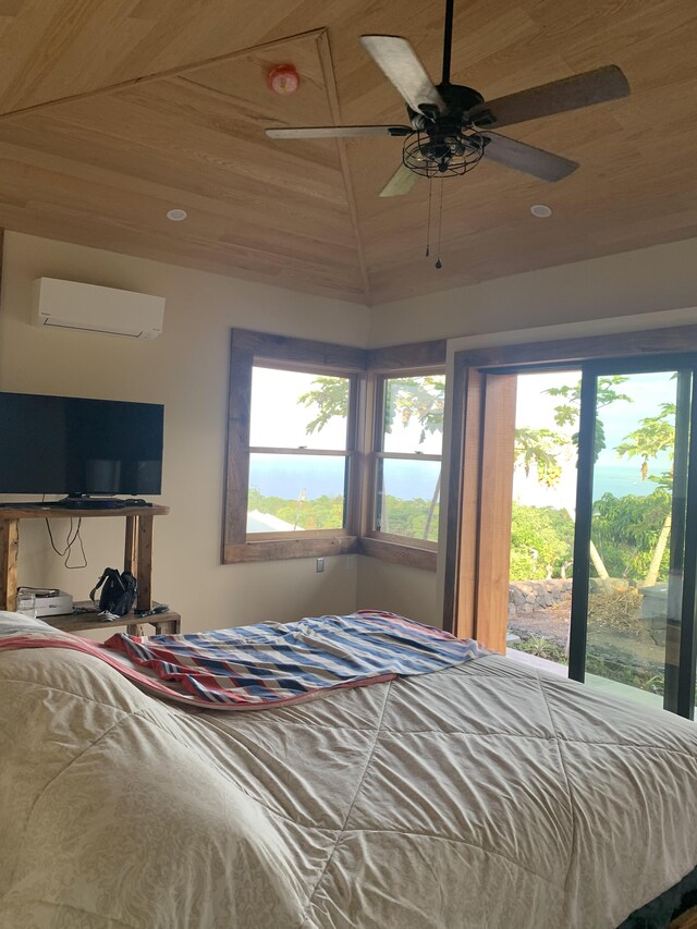 bedroom with vaulted ceiling, wooden ceiling, a wall mounted AC, and ceiling fan