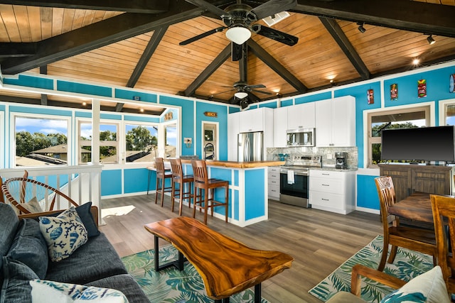 living area with a wealth of natural light, wooden ceiling, beamed ceiling, and wood finished floors