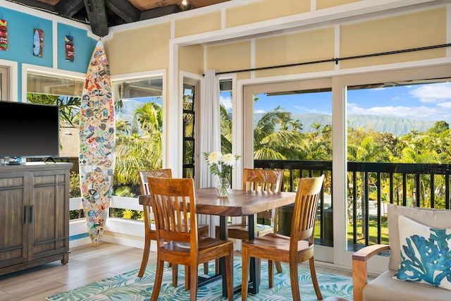 sunroom with a mountain view