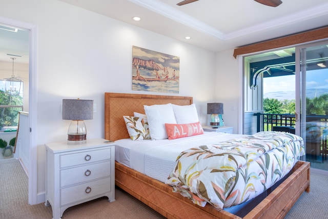 bedroom featuring ceiling fan, access to exterior, and light carpet