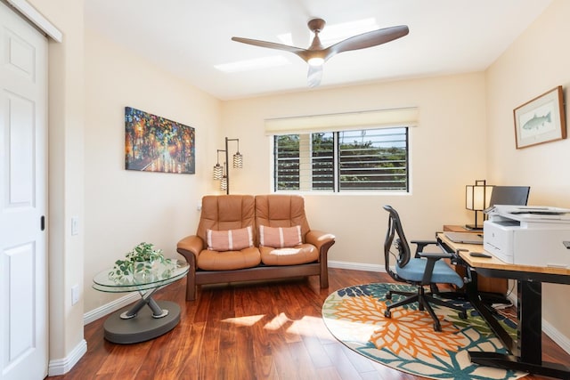 office area with hardwood / wood-style flooring and ceiling fan