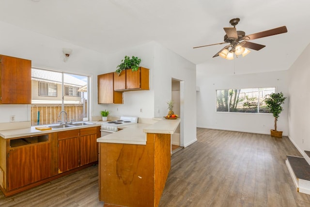 kitchen with lofted ceiling, sink, electric range, dark hardwood / wood-style flooring, and kitchen peninsula