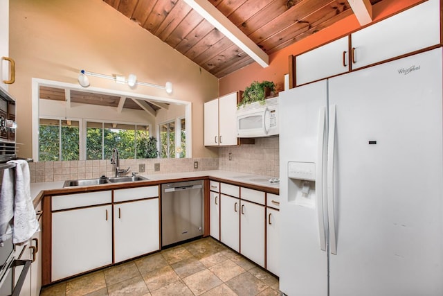 kitchen with white cabinetry, sink, decorative backsplash, wooden ceiling, and white appliances