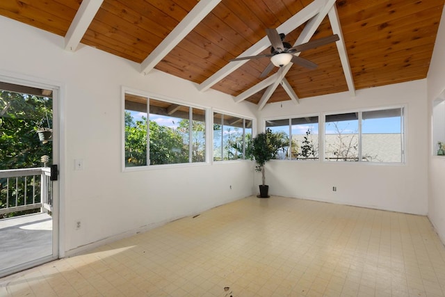 unfurnished sunroom with vaulted ceiling with beams, wood ceiling, and ceiling fan