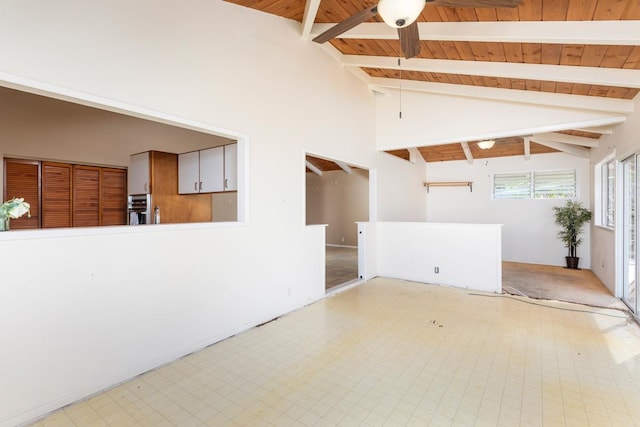 interior space with ceiling fan, high vaulted ceiling, wooden ceiling, and beamed ceiling