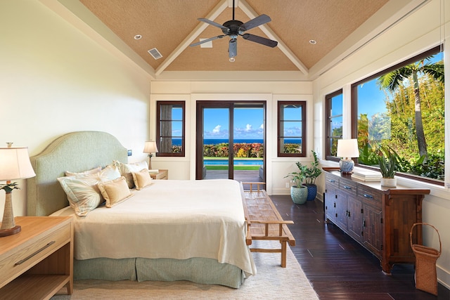 bedroom with ceiling fan, dark hardwood / wood-style flooring, access to outside, and vaulted ceiling