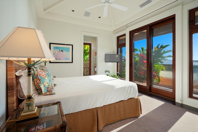 bedroom with access to outside, ceiling fan, and dark hardwood / wood-style flooring