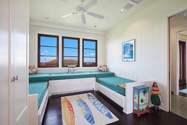 bedroom featuring ceiling fan and dark hardwood / wood-style flooring