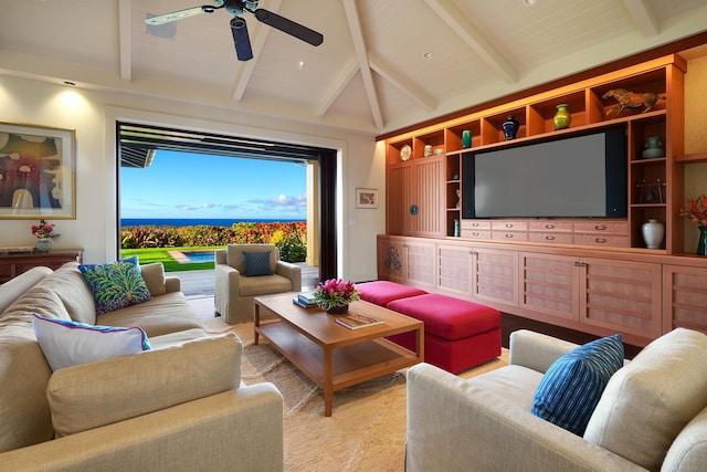 living room with ceiling fan, wooden ceiling, and lofted ceiling with beams