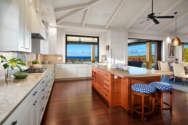 kitchen with stainless steel gas stovetop, a kitchen bar, dark hardwood / wood-style floors, white cabinets, and light stone counters