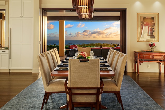 dining area featuring dark wood-type flooring and a water view