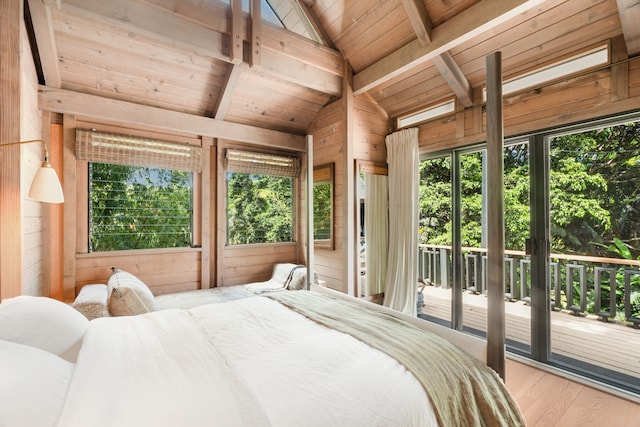 bedroom with lofted ceiling with beams, wood ceiling, hardwood / wood-style floors, access to exterior, and wood walls