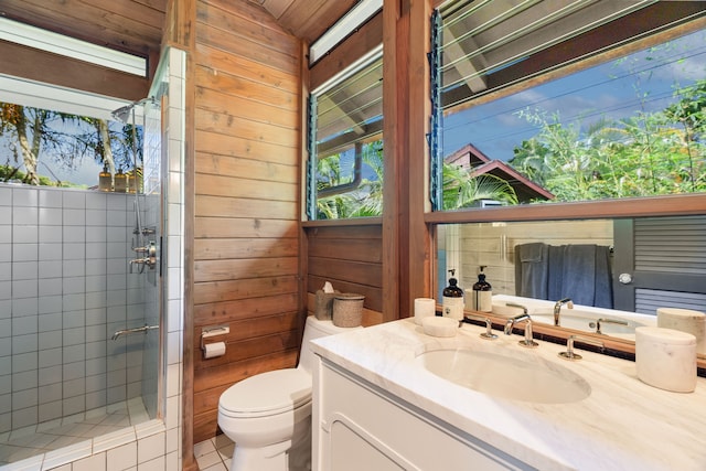 bathroom featuring toilet, wooden walls, vanity, a shower with door, and lofted ceiling