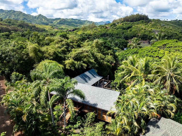 drone / aerial view featuring a mountain view