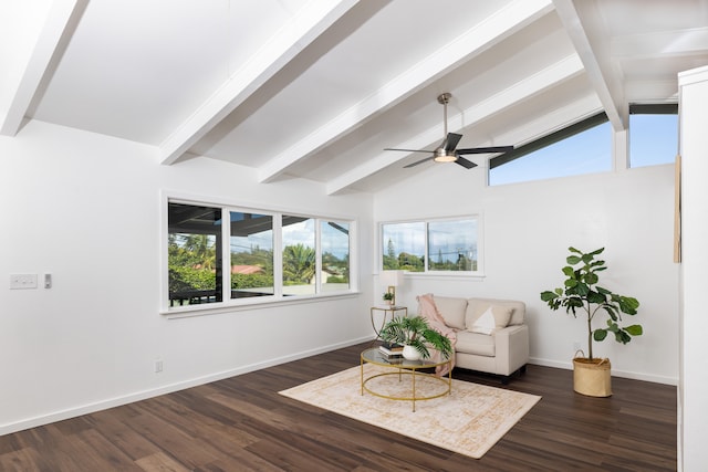 living room featuring lofted ceiling with beams, ceiling fan, and dark hardwood / wood-style flooring