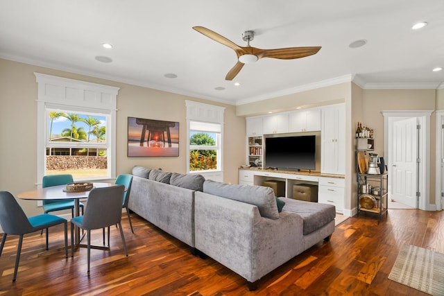 living room featuring crown molding, dark hardwood / wood-style floors, and ceiling fan