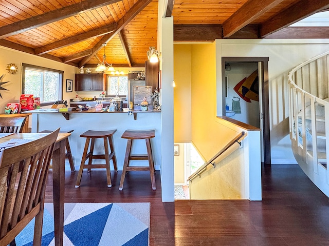 kitchen featuring dark hardwood / wood-style flooring, a kitchen breakfast bar, kitchen peninsula, and wooden ceiling