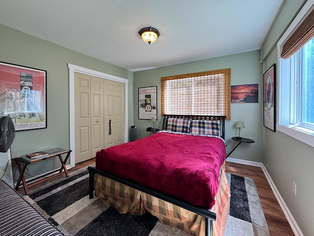 bedroom featuring wood-type flooring and a closet