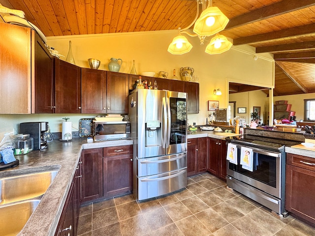 kitchen with pendant lighting, wood ceiling, lofted ceiling with beams, and stainless steel appliances