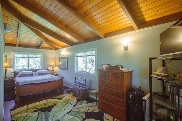 bedroom with multiple windows, hardwood / wood-style floors, lofted ceiling with beams, and wooden ceiling