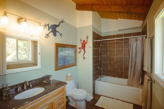 full bathroom with shower / tub combo with curtain, lofted ceiling with beams, vanity, wooden ceiling, and tile patterned floors