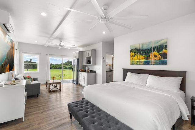 bedroom with a wall mounted AC, dark hardwood / wood-style flooring, access to exterior, ceiling fan, and stainless steel refrigerator with ice dispenser