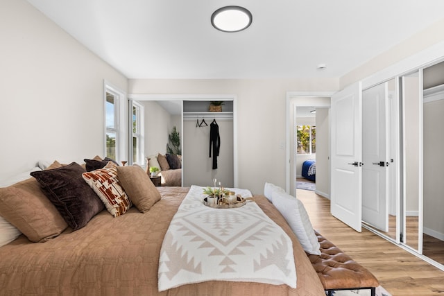 bedroom with hardwood / wood-style flooring and multiple closets