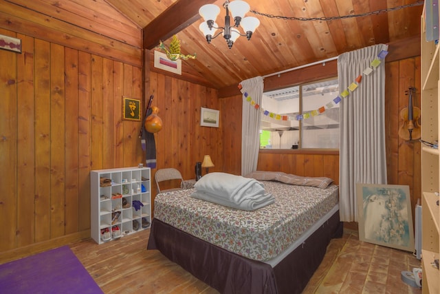 bedroom featuring lofted ceiling, wooden walls, wooden ceiling, a chandelier, and light wood-type flooring