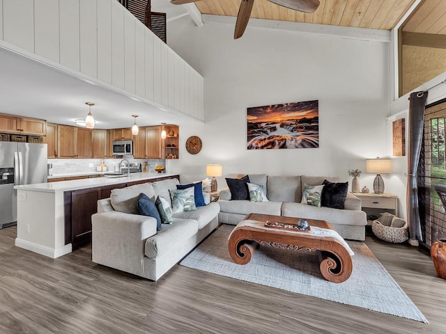 living room featuring high vaulted ceiling, dark hardwood / wood-style floors, sink, and wood ceiling